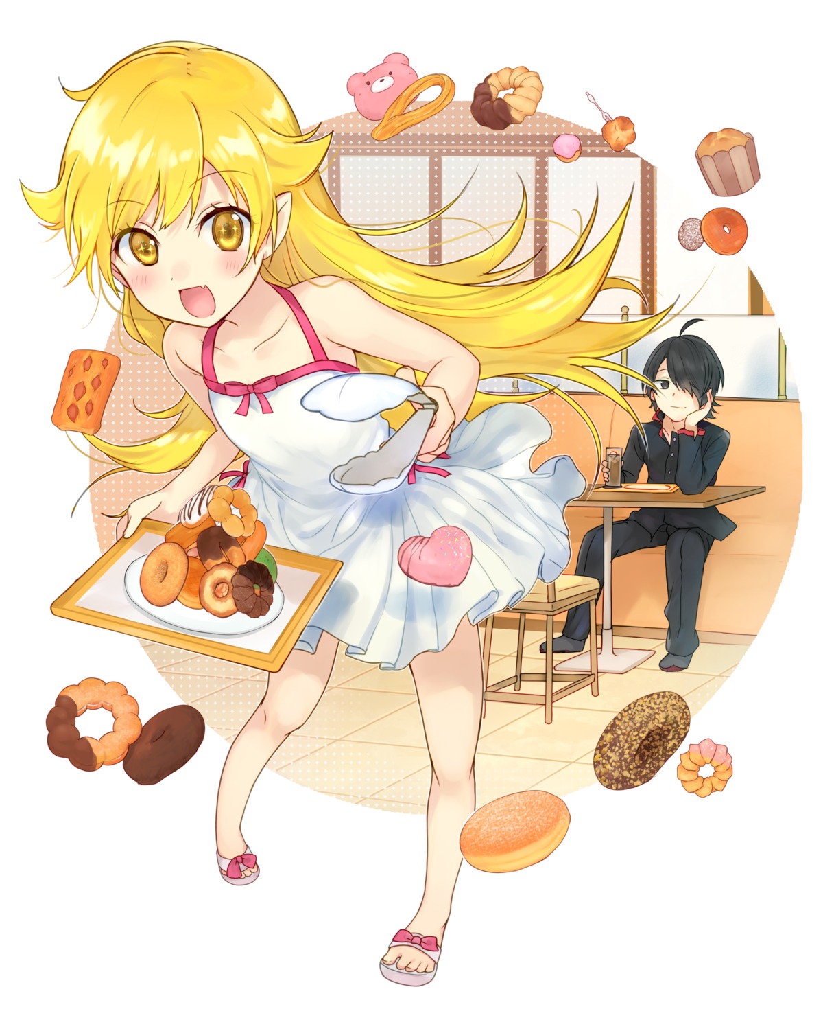 araragi_koyomi, bakemonogatari, dress, kakizato_shinano, monogatari_(series), oshino_shinobu, pointy_ears, seifuku