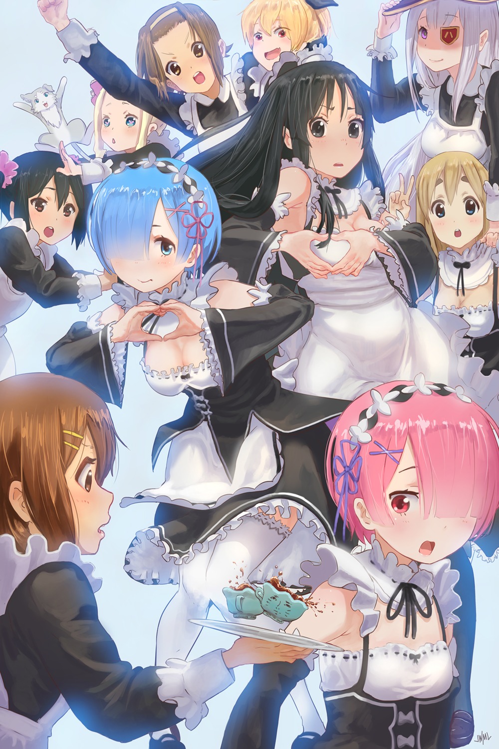 akiyama_mio, beatrice_(re_zero), cleavage, cosplay, crossover, emilia_(re_zero), eyepatch, hirasawa_yui