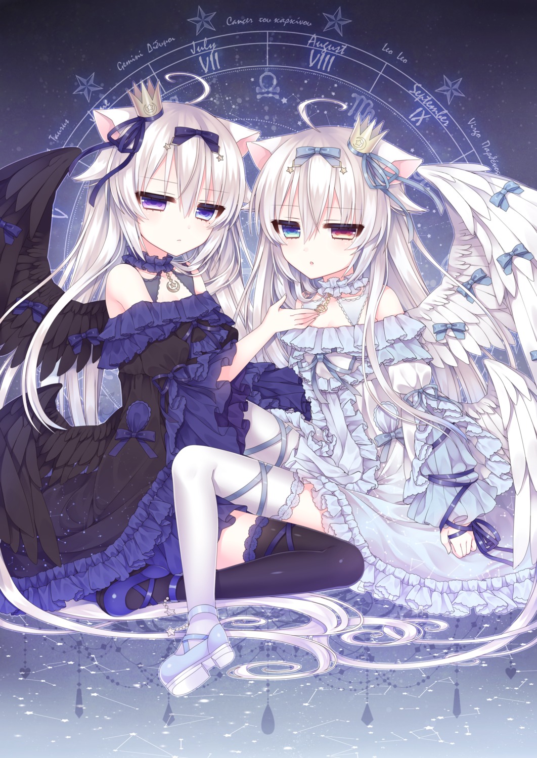 animal_ears, dress, gothic_lolita, heterochromia, lolita_fashion, lolo_noel, nekomimi, thighhighs, tsukikage_nemu, wings, yves_astroel