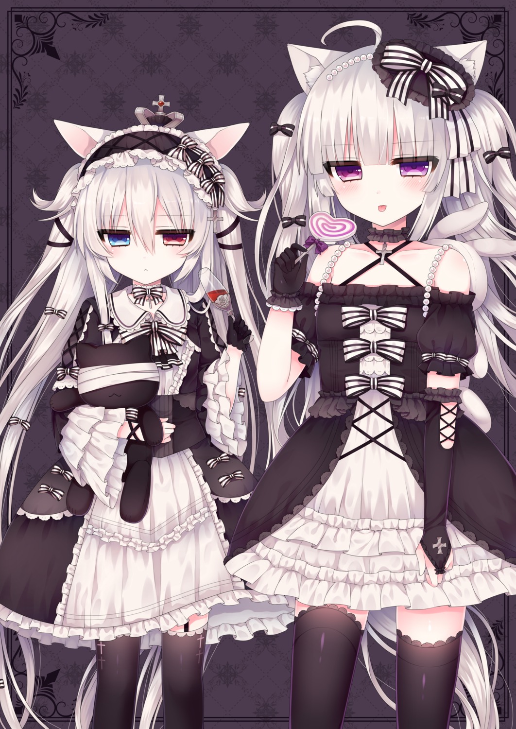 alice_claudia, animal_ears, dress, gothic_lolita, heterochromia, lolita_fashion, lolo_noel, nekomimi, thighhighs, tsukikage_nemu