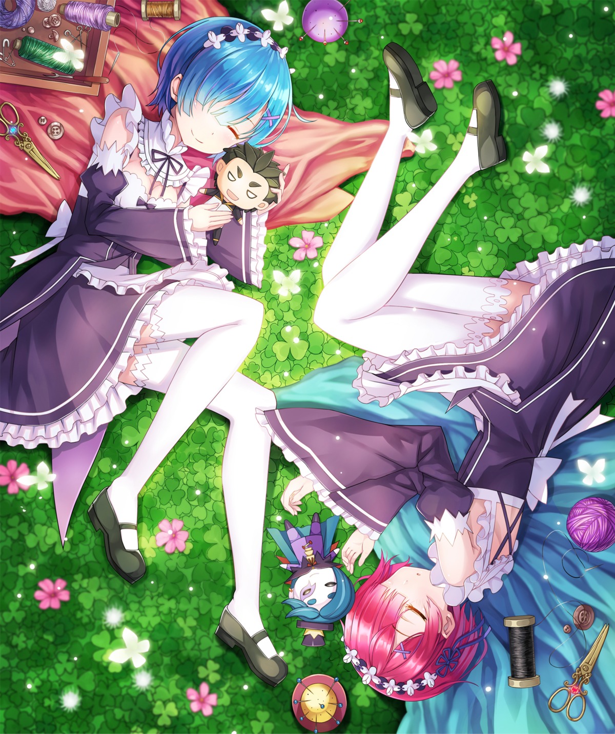 cleavage, ling_si, maid, natsuki_subaru, ram_(re_zero), re:zero_kara_hajimeru_isekai_seikatsu, rem_(re_zero), roswaal_l._mathers, thighhighs