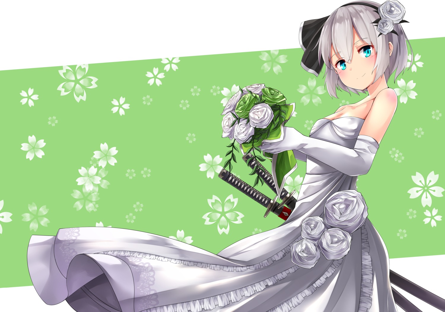 cleavage, dress, elusya, erect_nipples, konpaku_youmu, sword, touhou, wedding_dress