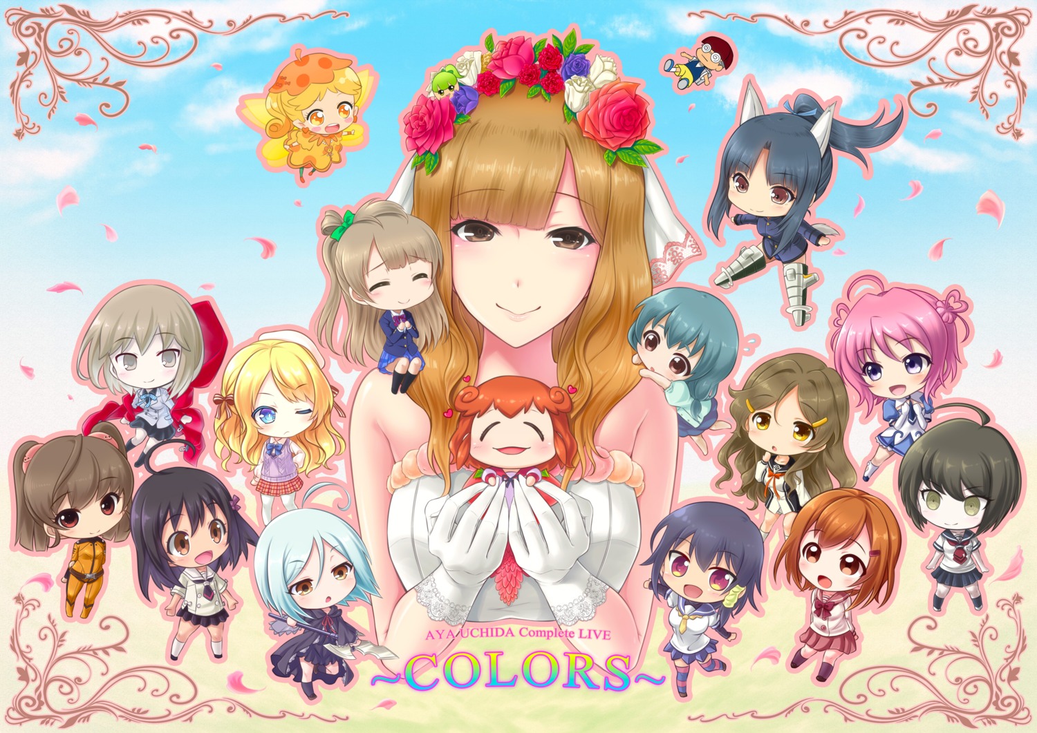 bodysuit, chibi, crossover, love_live!, love_live!_(series), minami_kotori, seifuku, shinomiya_himawari, strike_witches, thighhighs, uro_(uroboros), vividred_operation, weapon, wings
