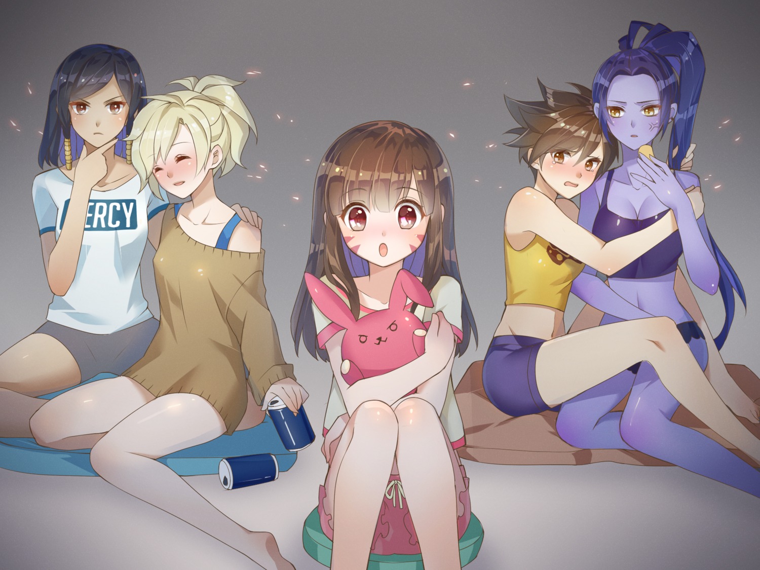 atobesakunolove, cleavage, d.va, feet, mercy_(overwatch), overwatch, pharah, sweater, tattoo, tracer, widowmaker, yuri