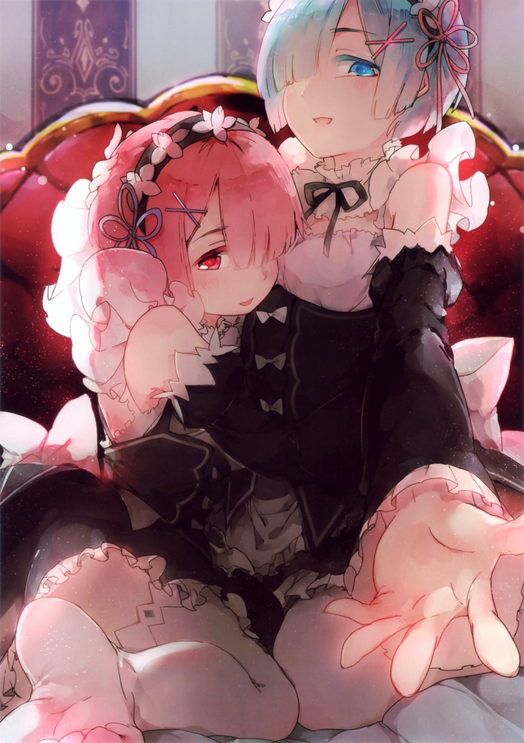 feet, maid, ram_(re_zero), re:zero_kara_hajimeru_isekai_seikatsu, rem_(re_zero), shuzi, thighhighs