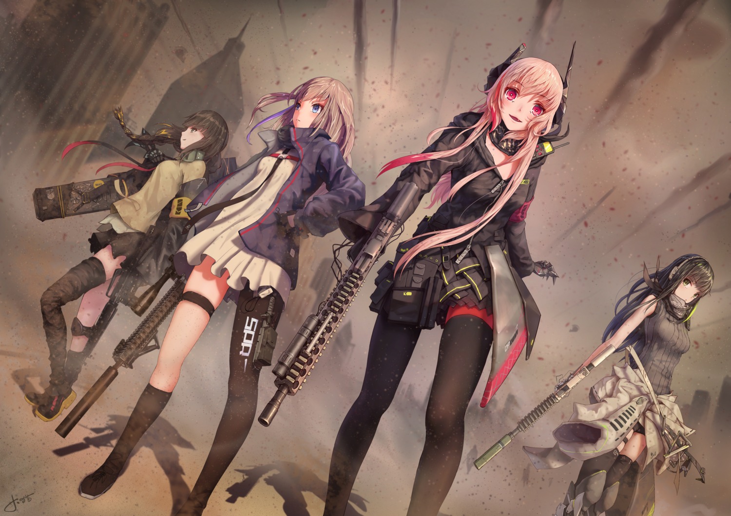 dress, garter, girls_frontline, gun, headphones, jay_xu, m-16_(girls_frontline), m16a1_(girls_frontline), m4_sopmod_ii_(girls_frontline), m4a1_(girls_frontline), pantyhose, st_ar-15_(girls_frontline), thighhighs