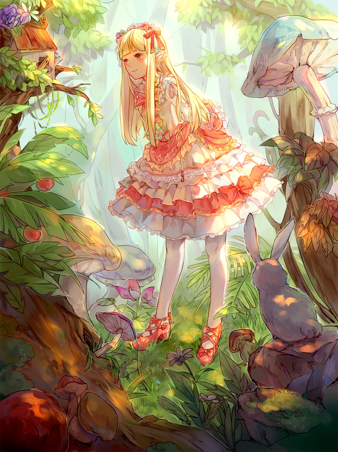 dress, heels, lolita_fashion, pantyhose, pointy_ears, shell_(wwwtrista)