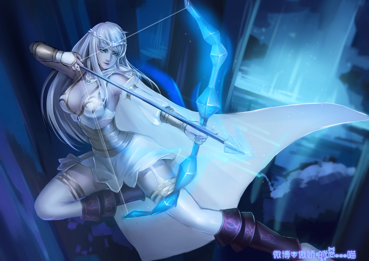armor, ashe, cleavage, destincelly, dress, league_of_legends, open_shirt, stockings