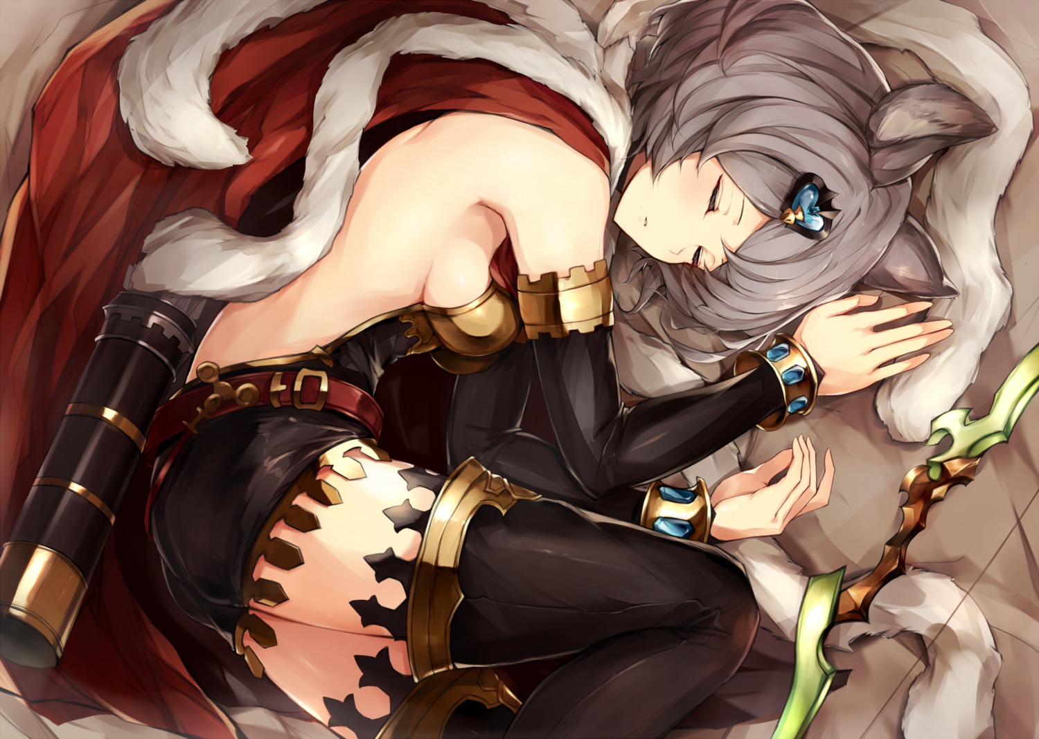 animal_ears, granblue_fantasy, no_bra, sutera_(granblue_fantasy), thighhighs, watao, weapon