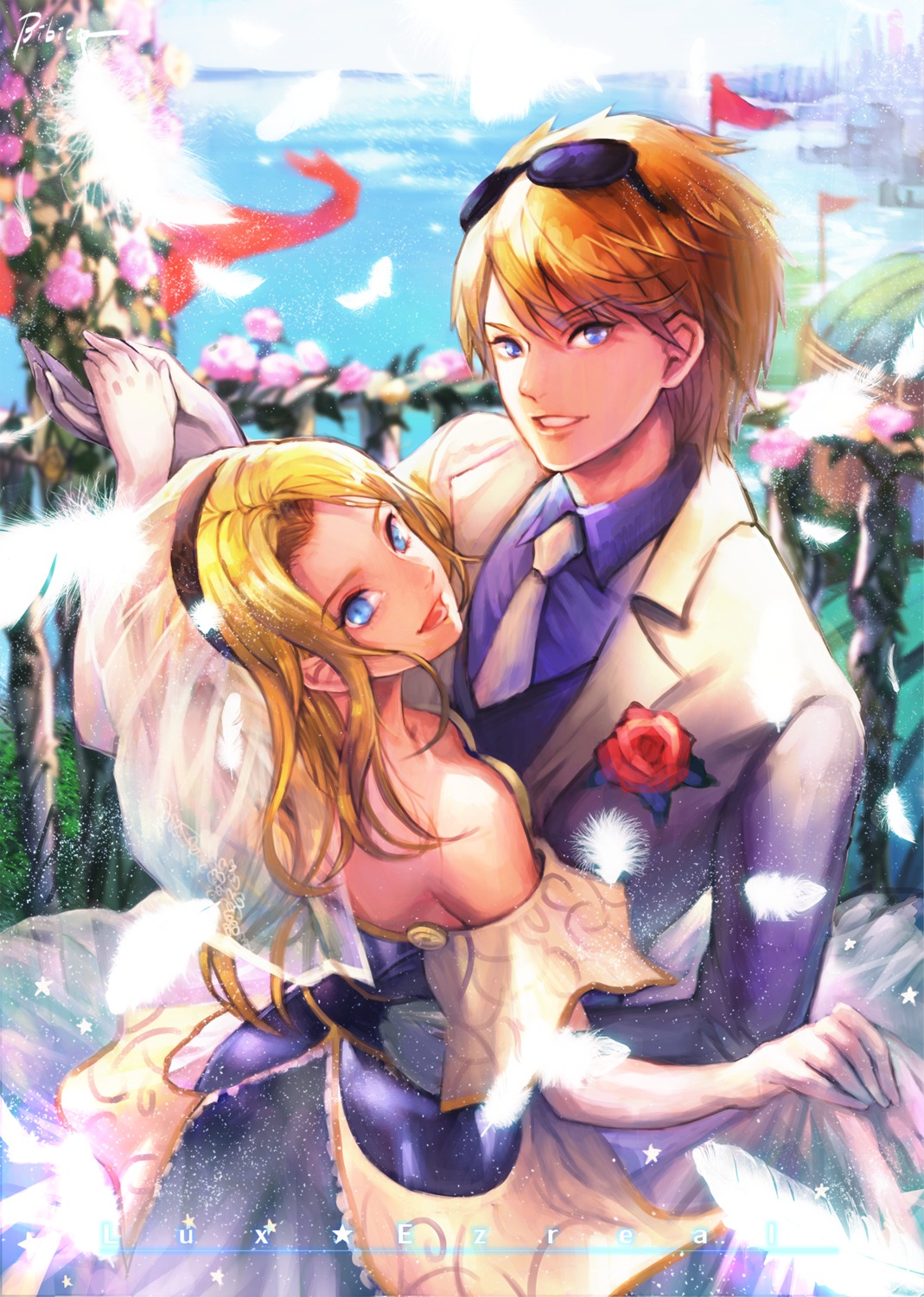 bibiko, dress, ezreal, league_of_legends, luxanna_crownguard, megane, wedding_dress