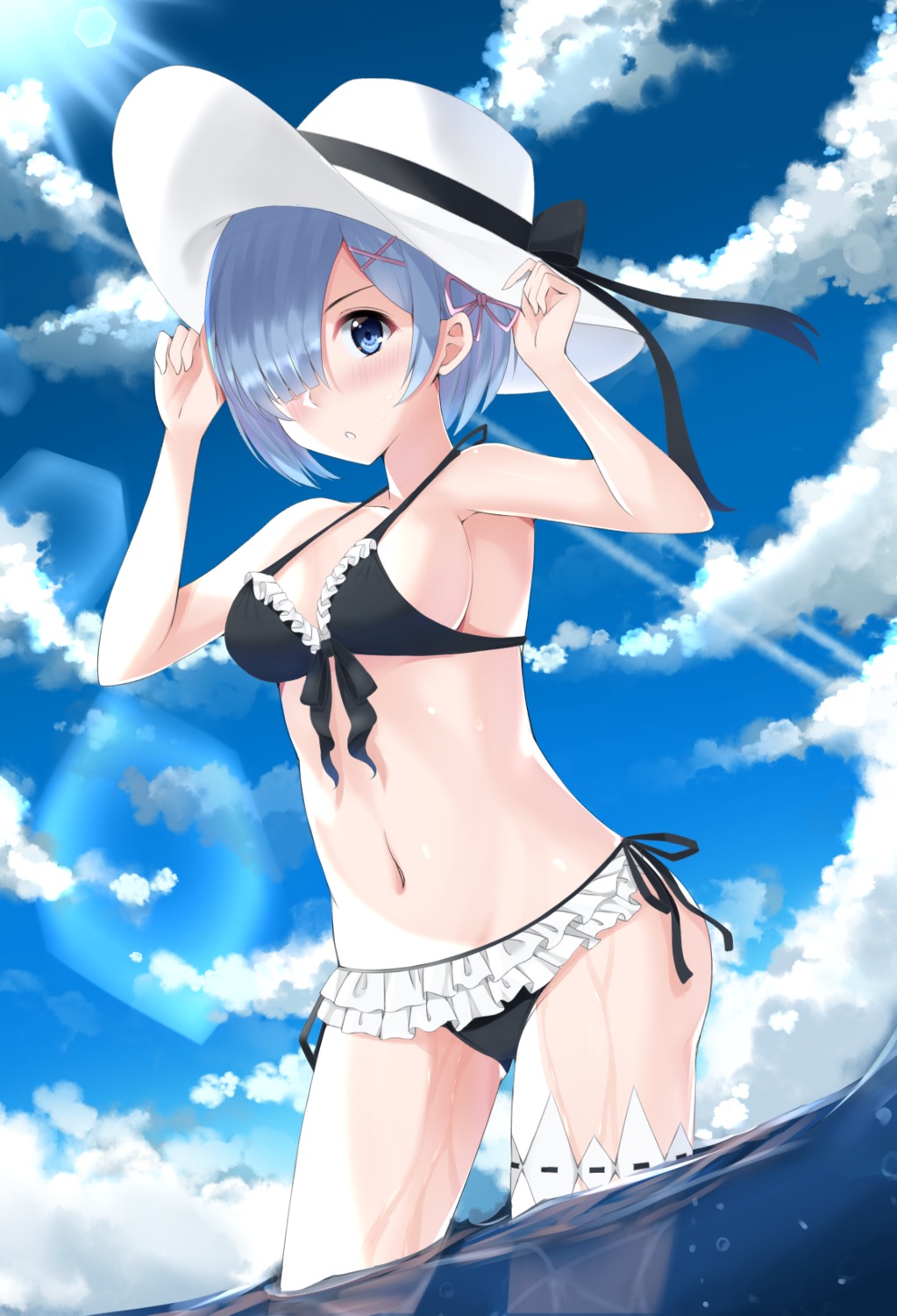bikini, cleavage, garter, kanikou, re:zero_kara_hajimeru_isekai_seikatsu, rem_(re_zero), swimsuits, wet