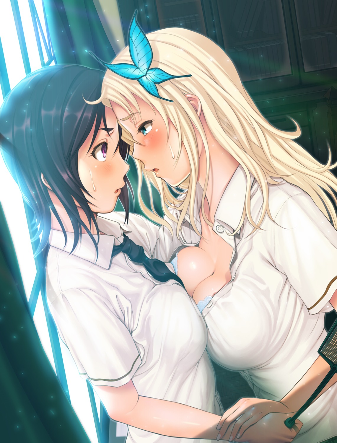 boku_wa_tomodachi_ga_sukunai, bra, cleavage, kashiwazaki_sena, mikazuki_yozora, open_shirt, oretoreon, seifuku, symmetrical_docking, yuri