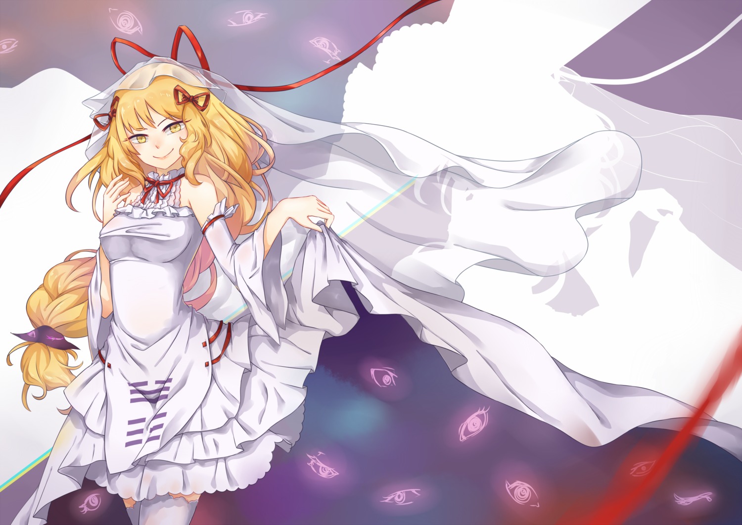 dress, skirt_lift, suo_niao, thighhighs, touhou, wedding_dress, yakumo_yukari
