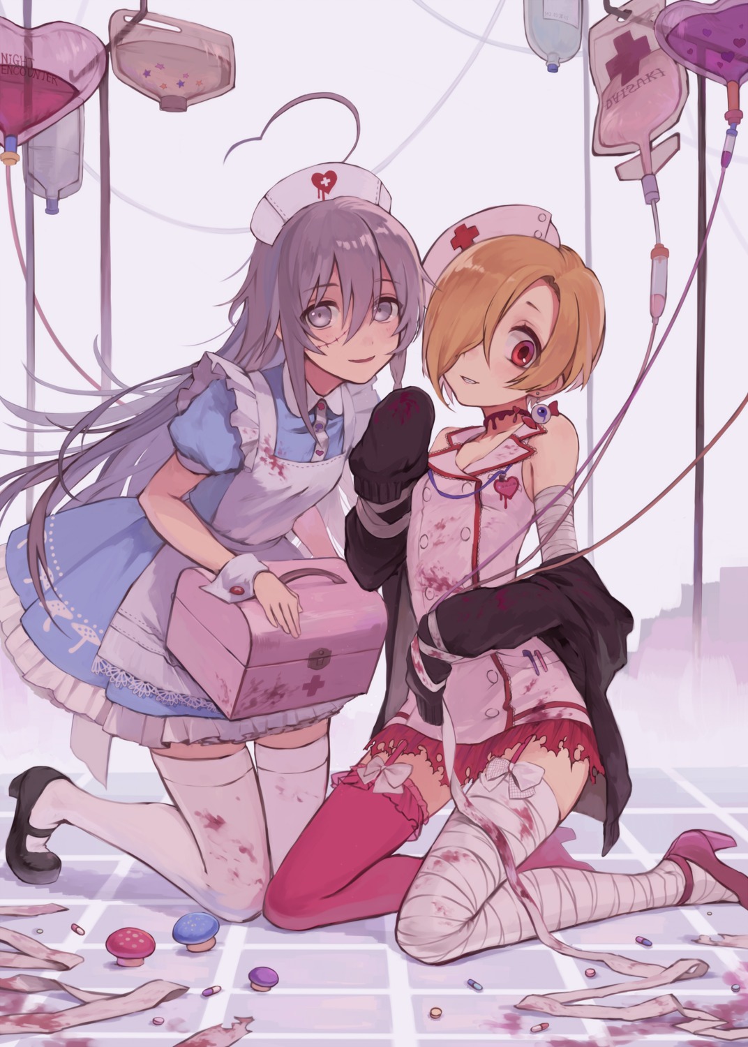 bandages, blood, heels, hoshi_shouko, nurse, shirasaka_koume, stockings, sweater