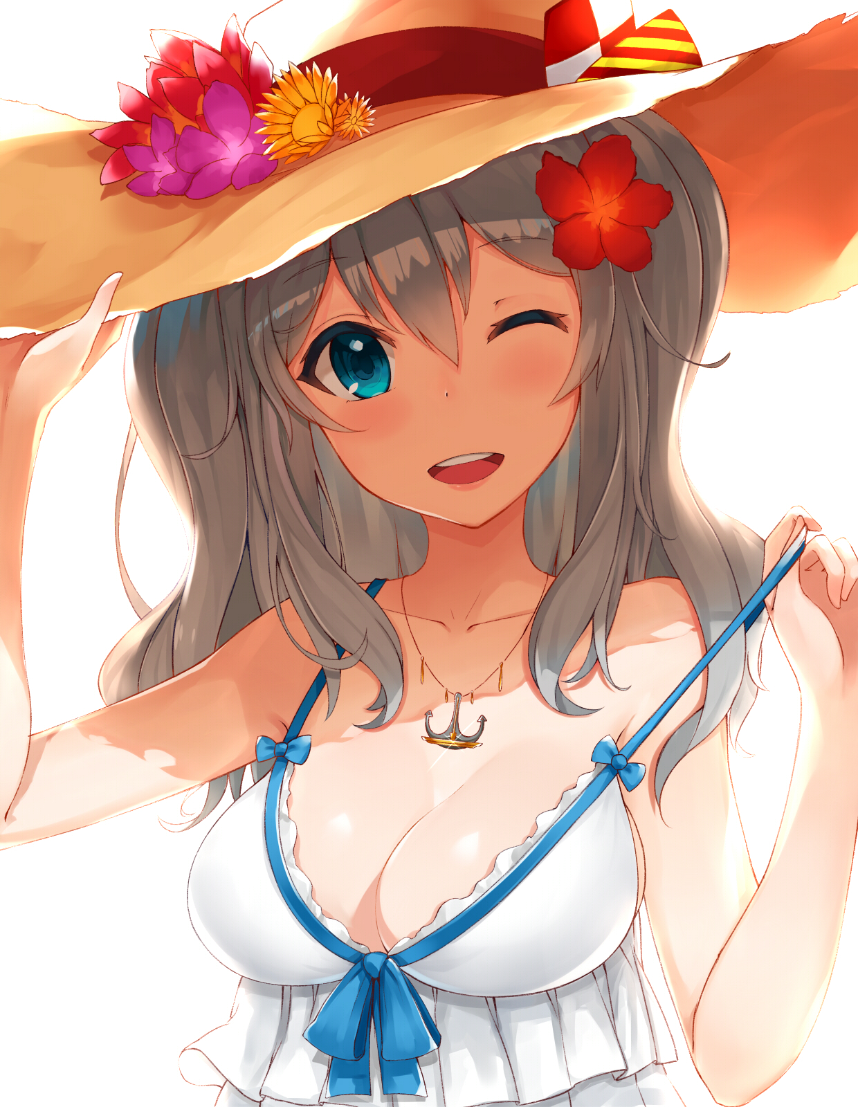 cleavage, dress, kantai_collection, kashima_(kancolle), mhong, summer_dress, undressing
