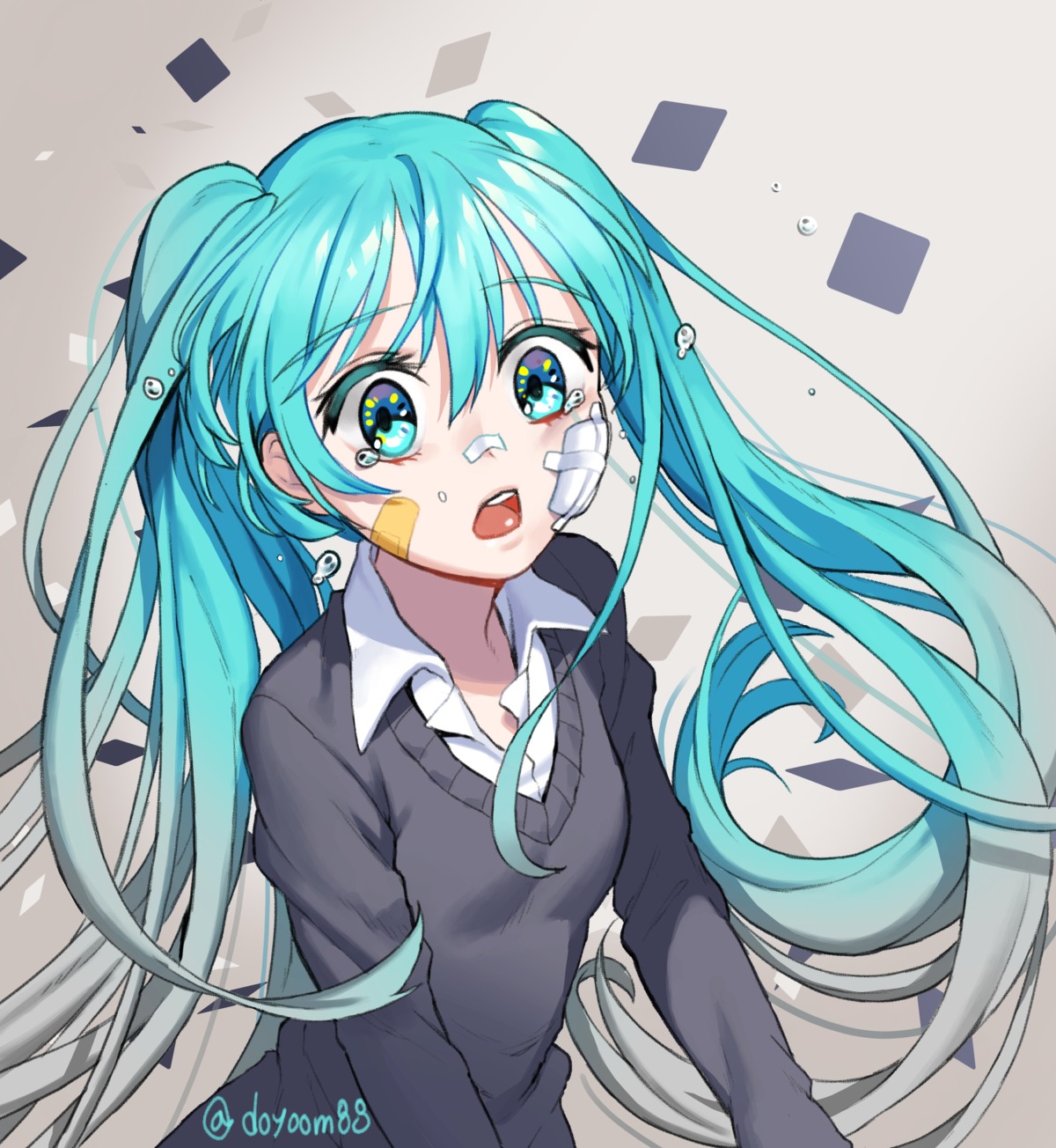 bandaid, hatsune_miku, hyoin, rolling_girl_(vocaloid), seifuku, sweater, vocaloid