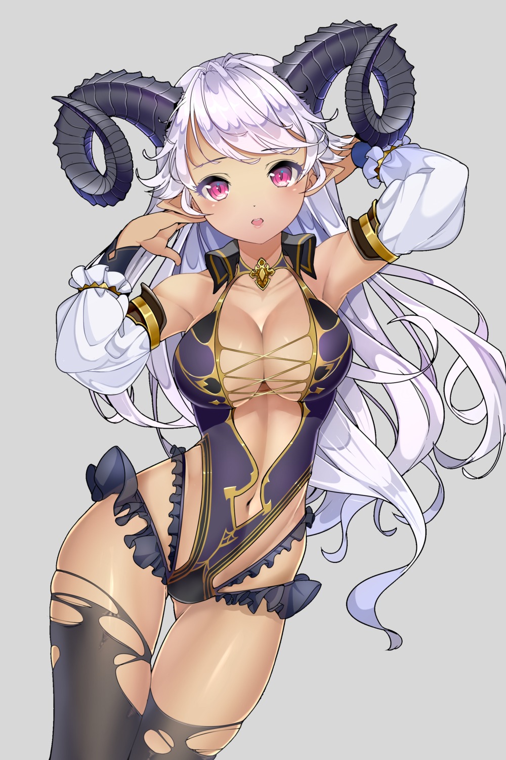 cleavage, horns, leotard, nasubi_(w.c.s), no_bra, pointy_ears, thighhighs, torn_clothes