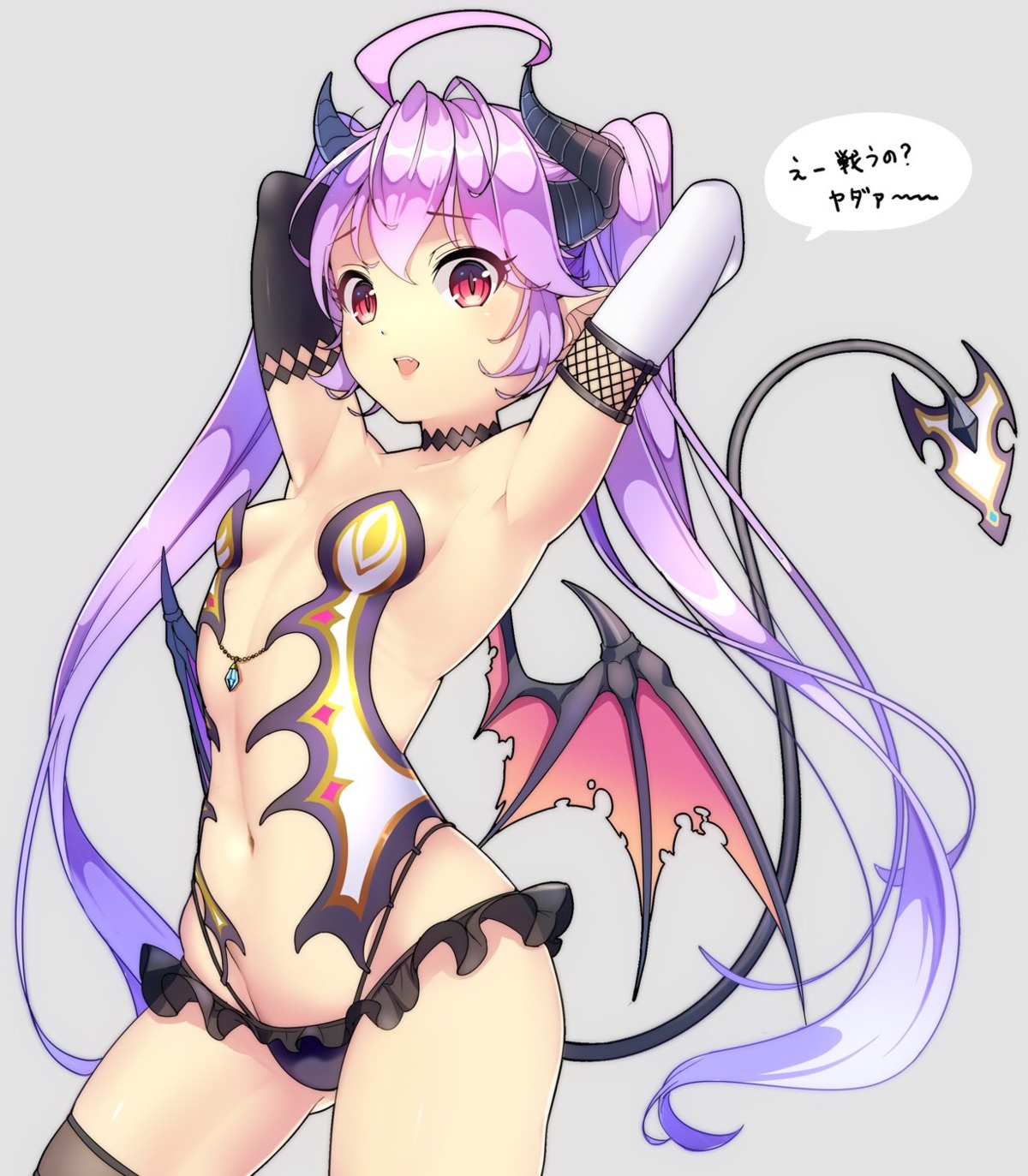 cleavage, fishnets, horns, nasubi_(w.c.s), no_bra, pantsu, pointy_ears, tail, thighhighs, wings