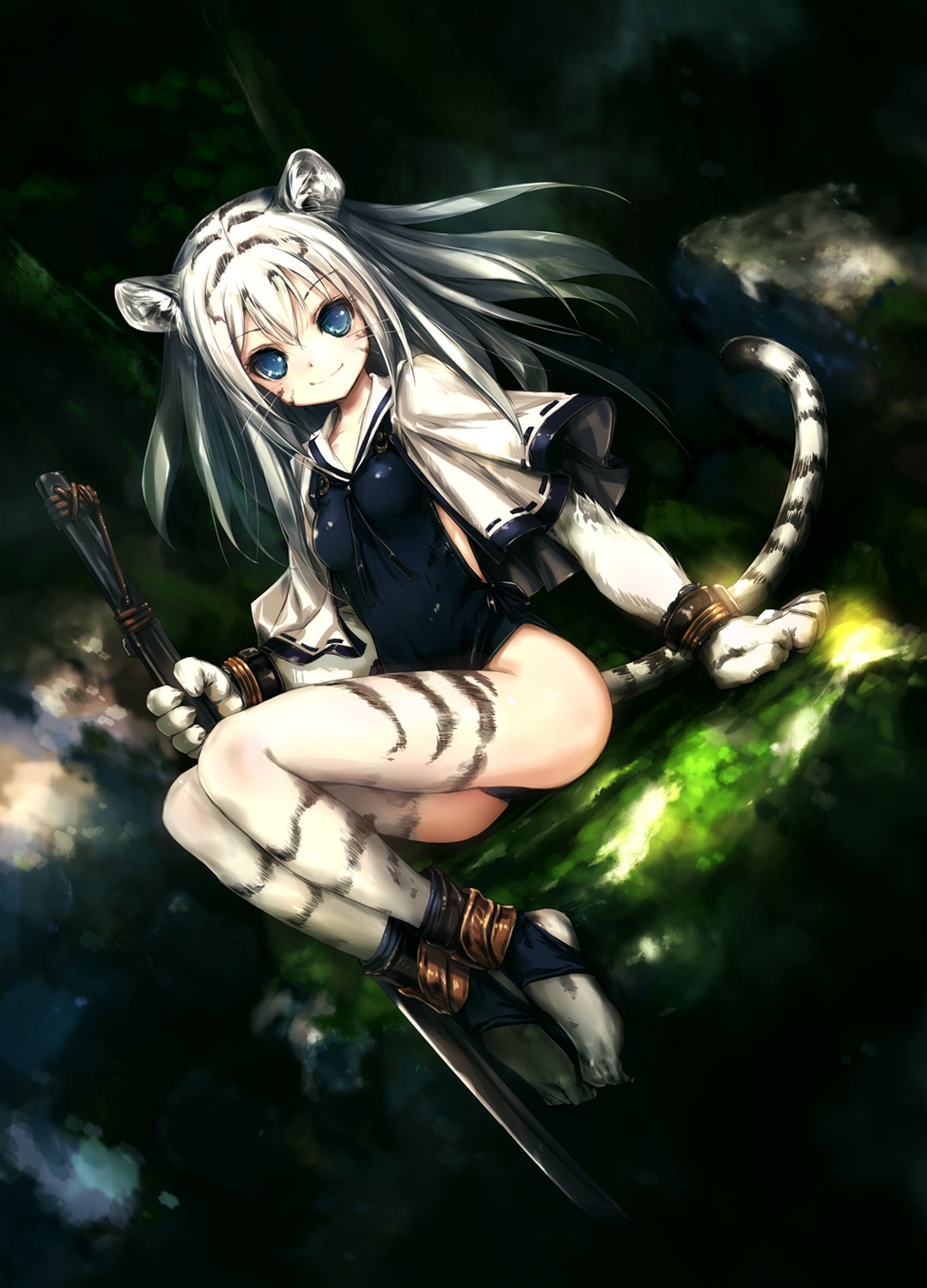 animal_ears, hitomaru, school_swimsuit, swimsuits, sword, tail, thighhighs