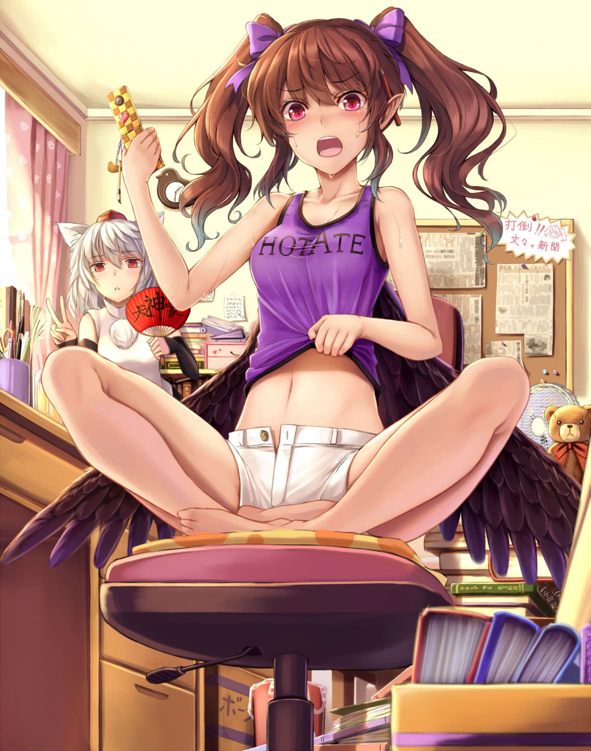 animal_ears, himekaidou_hatate, inubashiri_momiji, kirieroido_iii, pointy_ears, shirt_lift, touhou, wings