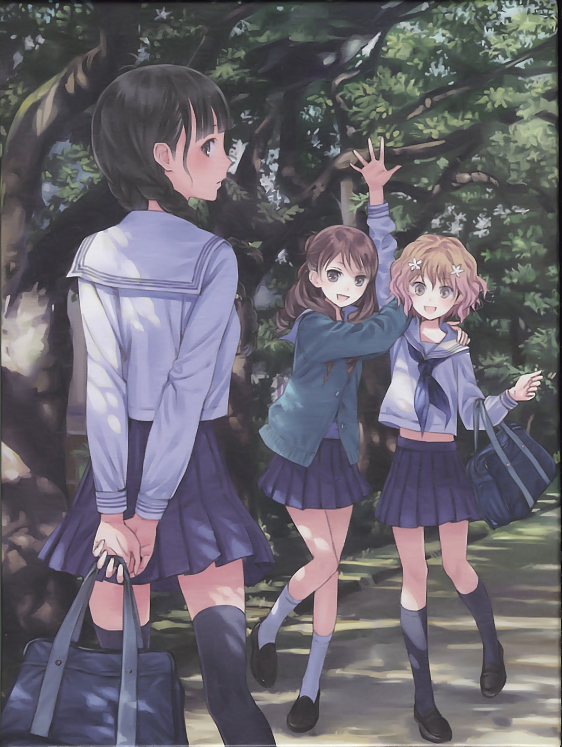 disc_cover, hanasaku_iroha, kishida_mel, matsumae_ohana, oshimizu_nako, seifuku, sweater, thighhighs