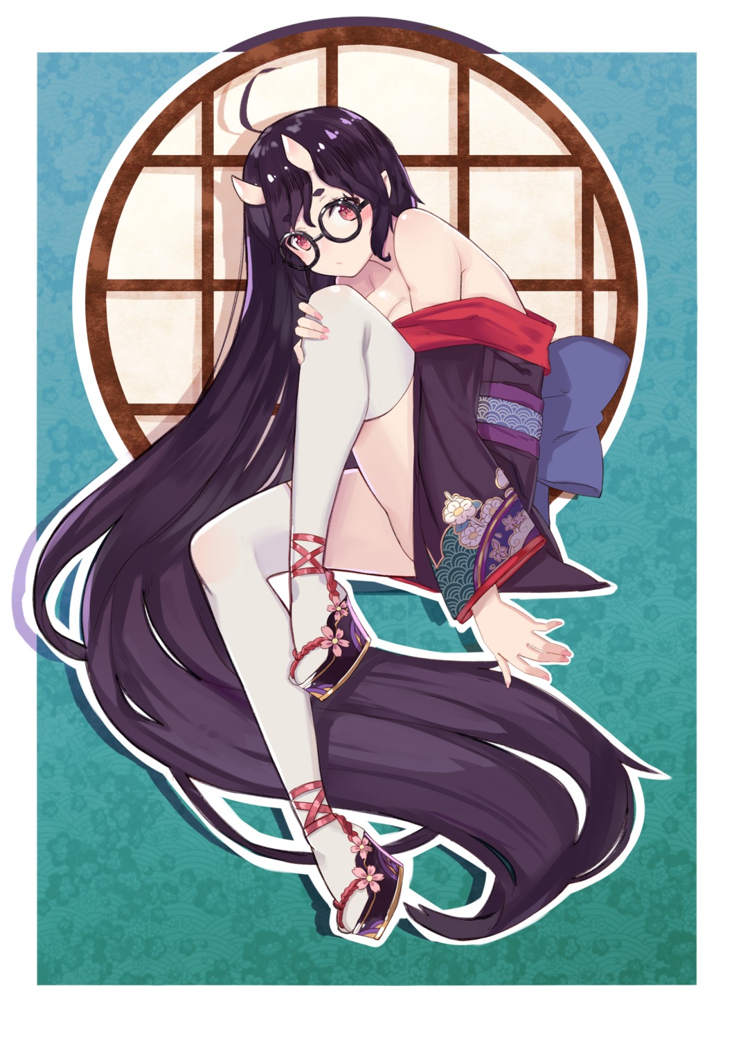 alvein6, cleavage, heels, horns, japanese_clothes, megane, no_bra, open_shirt, pointy_ears, thighhighs