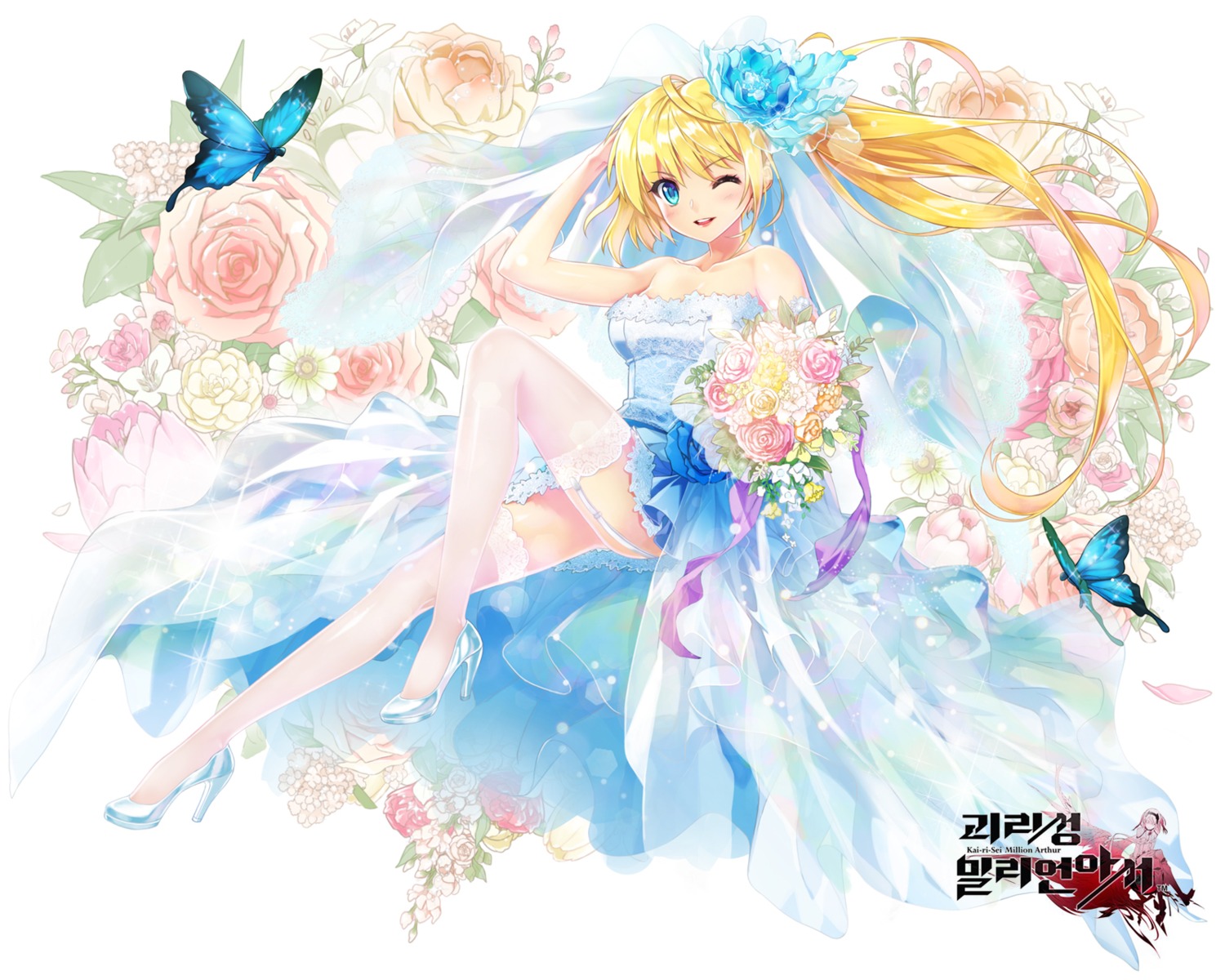 dress, heels, kaku-san-sei_million_arthur, shuen, stockings, thighhighs, wedding_dress