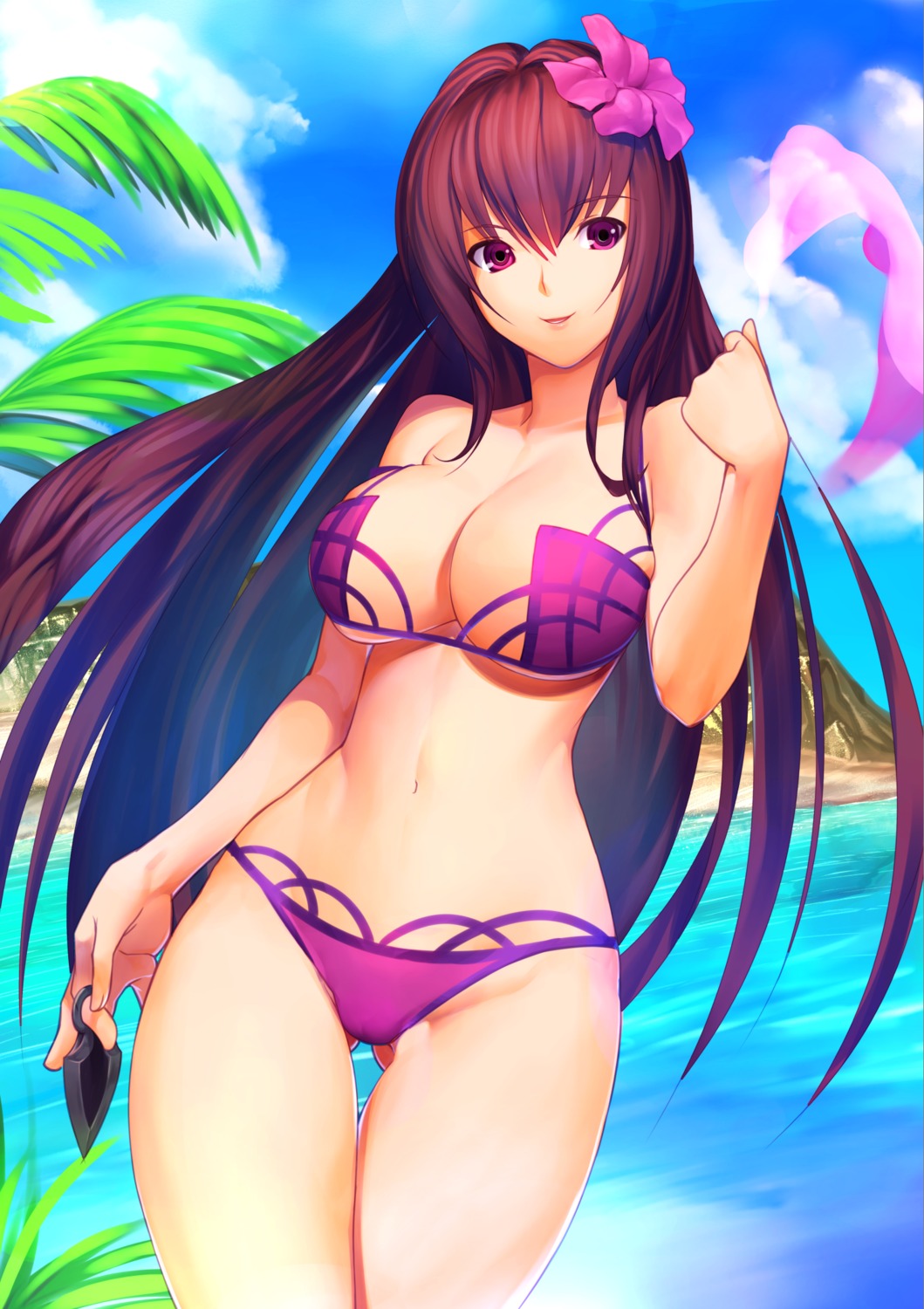 akisa_(12023648), bikini, cleavage, fate/grand_order, scathach_(fate), swimsuits, underboob, weapon