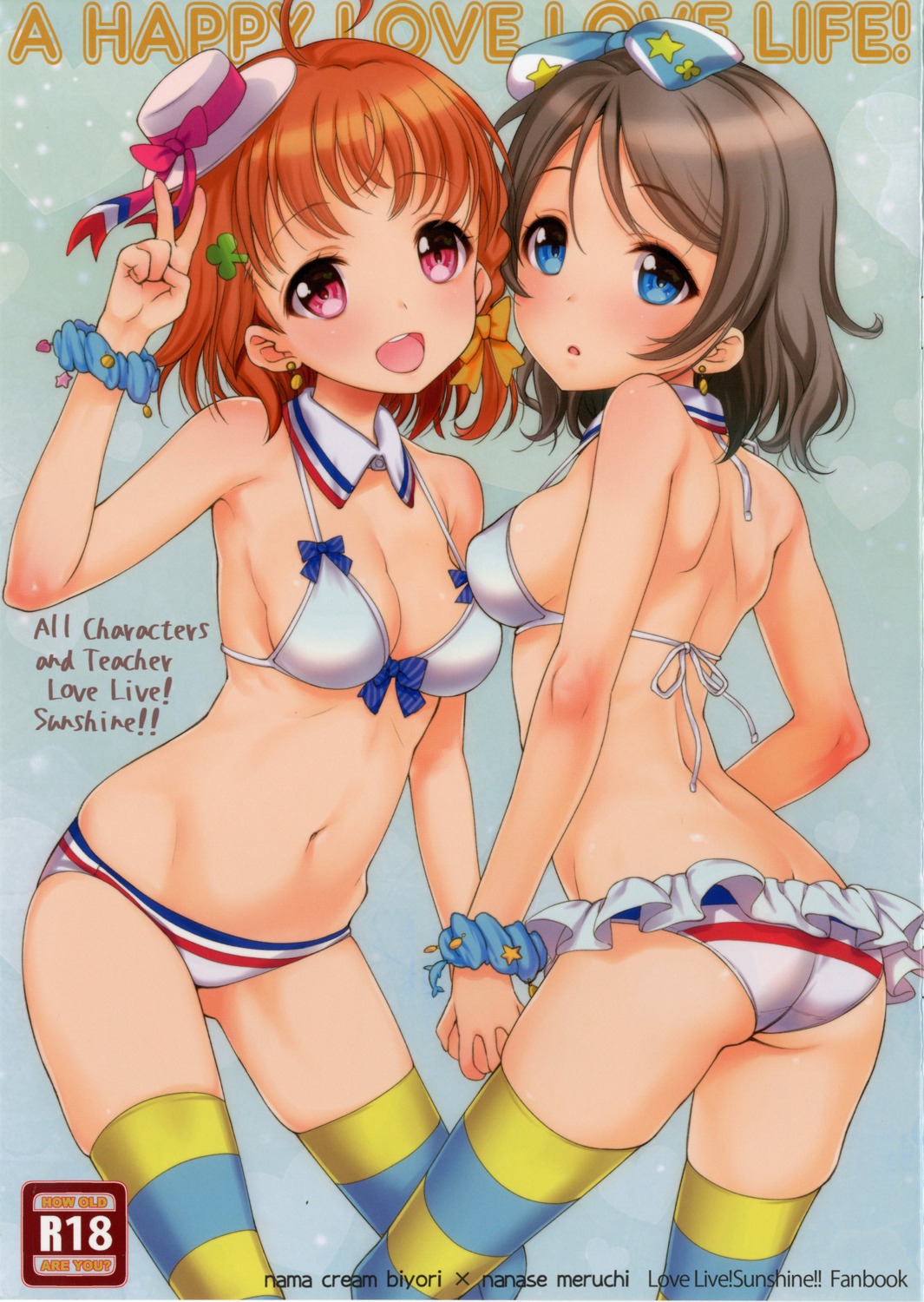 ass, bikini, cleavage, love_live!_(series), love_live!_sunshine!!, nama_cream_biyori, nanase_meruchi, swimsuits, takami_chika, thighhighs, watanabe_you