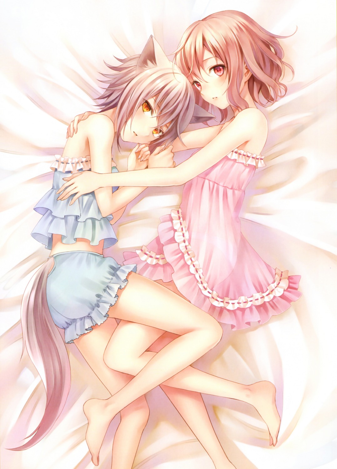 animal_ears, compile_heart, dress, fia_(monster_monpiece), fukahire, genkai_tokki_monster_monpiece, kitsune, lingerie, mei_esperio, tail, yuri