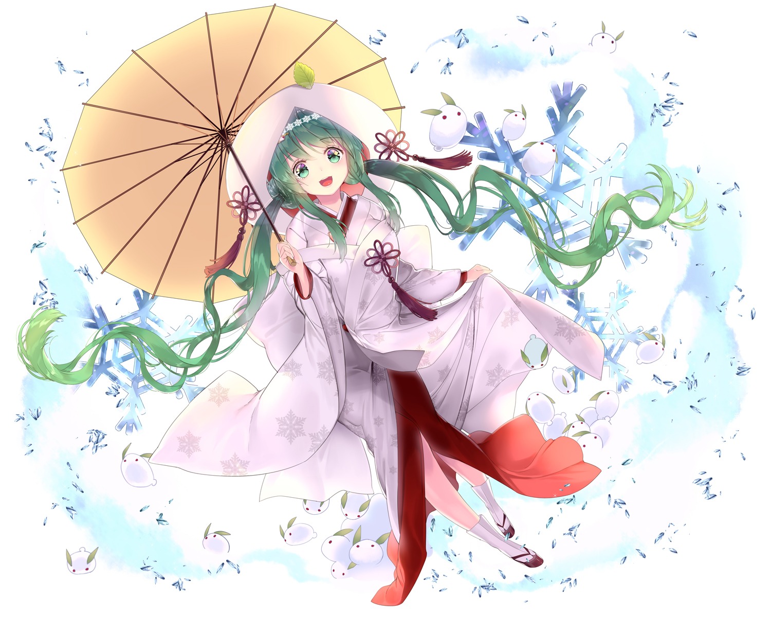 hatsune_miku, kimono, rozer, umbrella, vocaloid, yuki_miku
