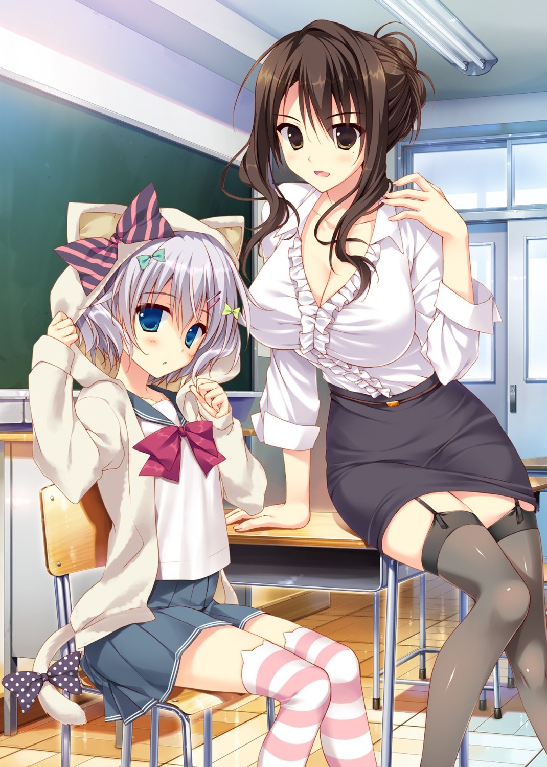 animal_ears, cleavage, feng, gakkou_no_seiiki, nase_yaeka, nekomimi, ootori_maika, ryohka, seifuku, seiiki, stockings, tail, thighhighs