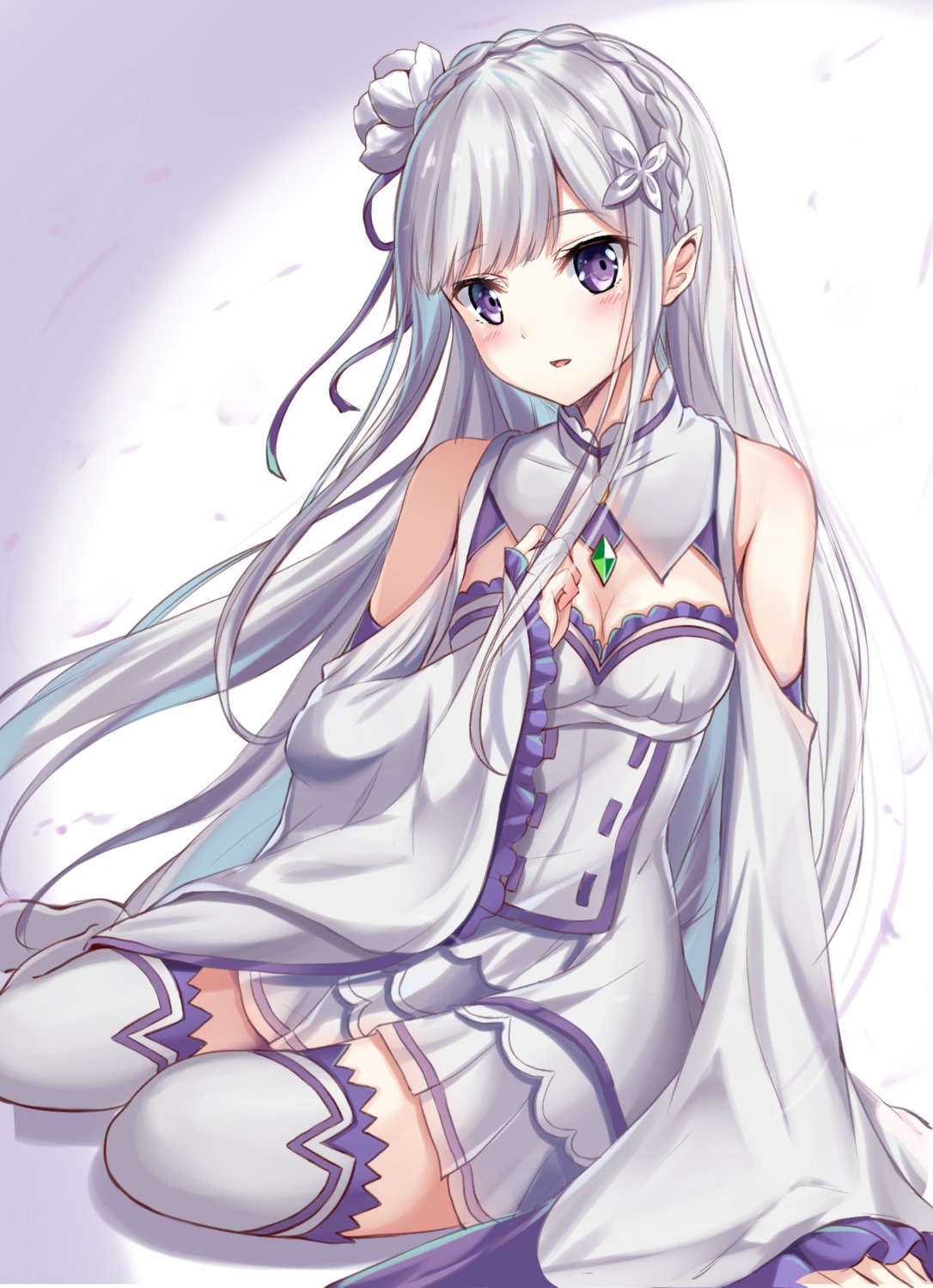 cleavage, elf, emilia_(re_zero), karumayu, pointy_ears, re:zero_kara_hajimeru_isekai_seikatsu, thighhighs