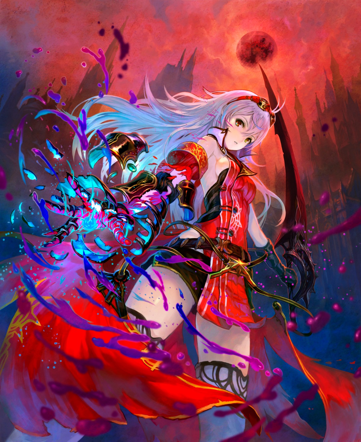 armor, arnice_(yoru_no_nai_kuni), gust_(company), no_bra, sword, thighhighs, yoru_no_nai_kuni, yoshiku