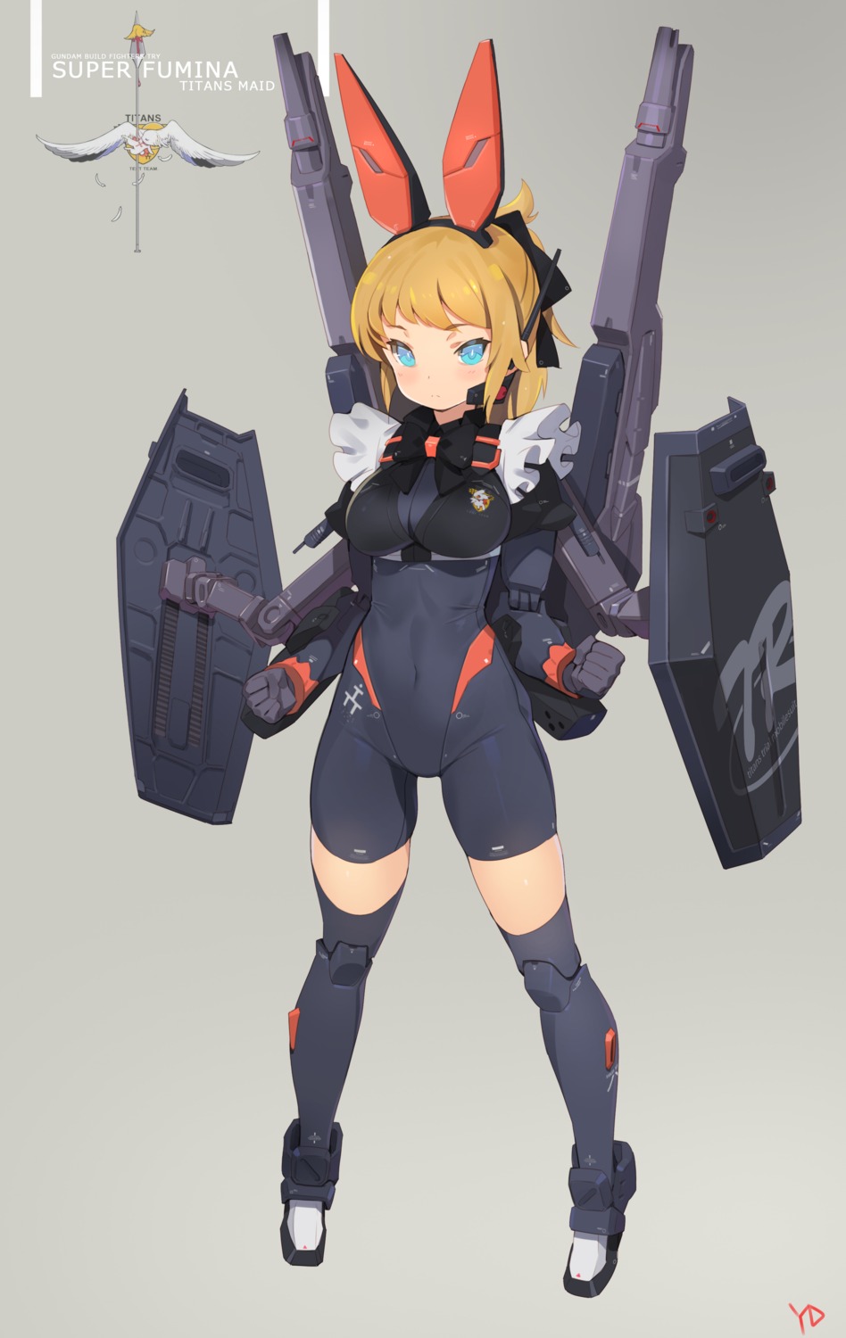 animal_ears, bodysuit, bunny_ears, gun, gundam, gundam_build_fighters, gundam_build_fighters_try, hoshino_fumina, maid, mecha_musume, super_fumina, thighhighs, yd_(orange_maru)