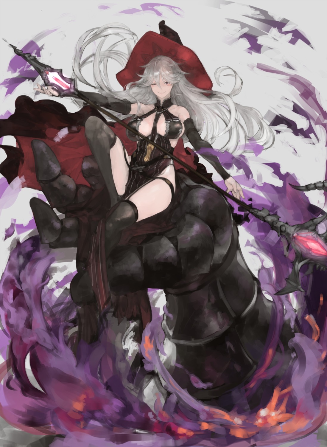 dress, garter, granblue_fantasy, magisa_(granblue_fantasy), n9+, no_bra, stockings, thighhighs, weapon, witch