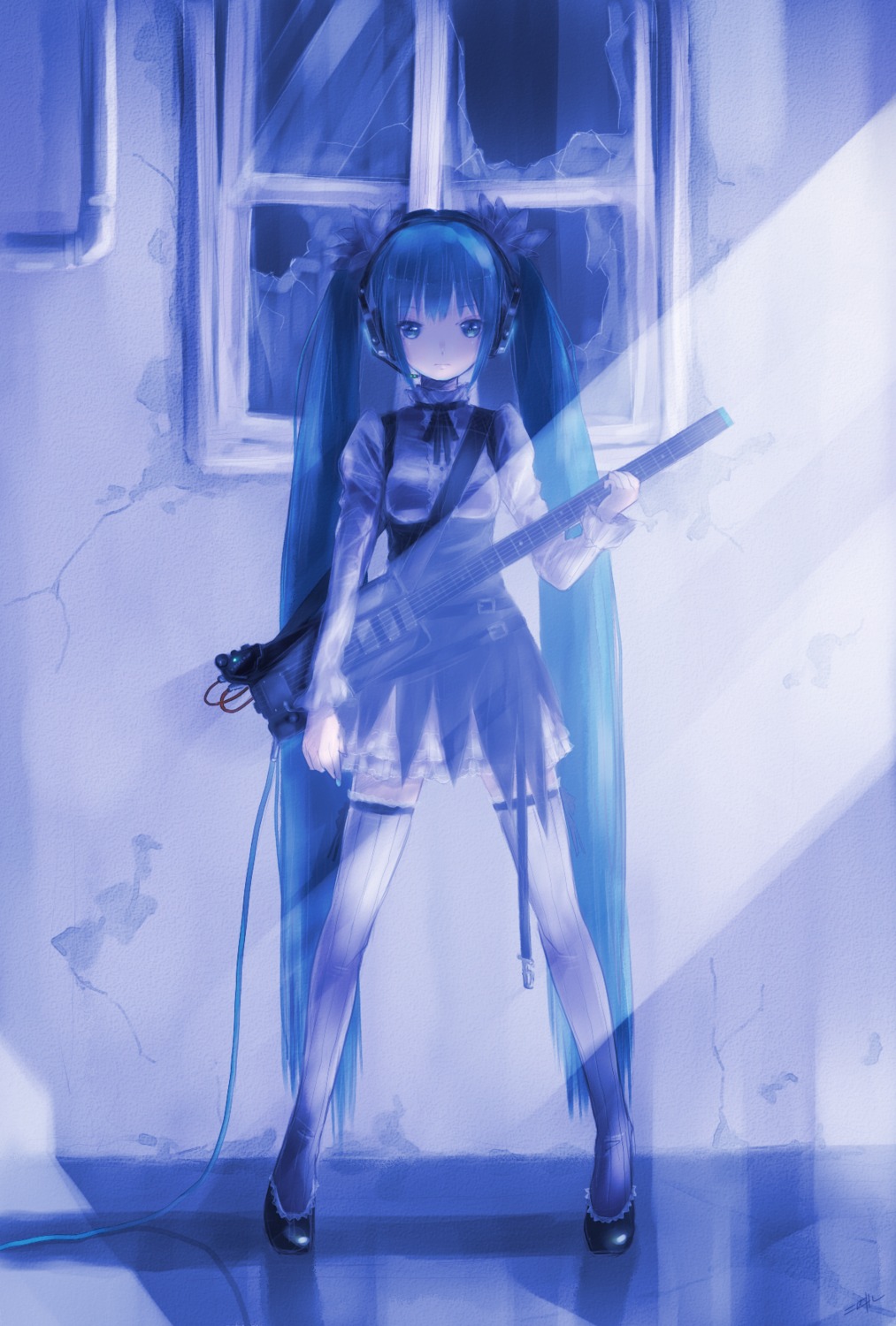 dress, guitar, hatsune_miku, headphones, kowiru, thighhighs, vocaloid