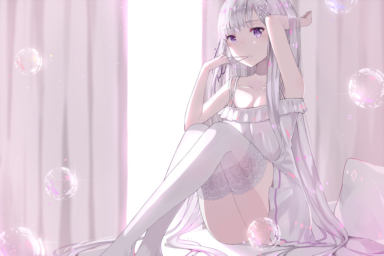 cleavage, dress, emilia_(re_zero), gkn, re:zero_kara_hajimeru_isekai_seikatsu, thighhighs