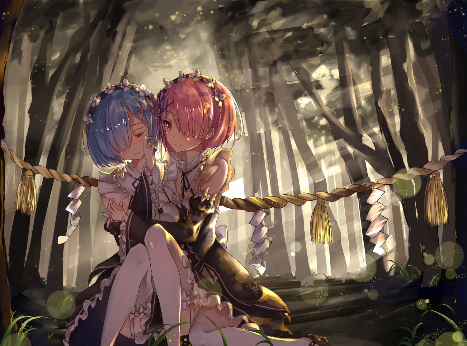 dango_(dangowalolicon), maid, ram_(re_zero), re:zero_kara_hajimeru_isekai_seikatsu, rem_(re_zero), stockings, thighhighs