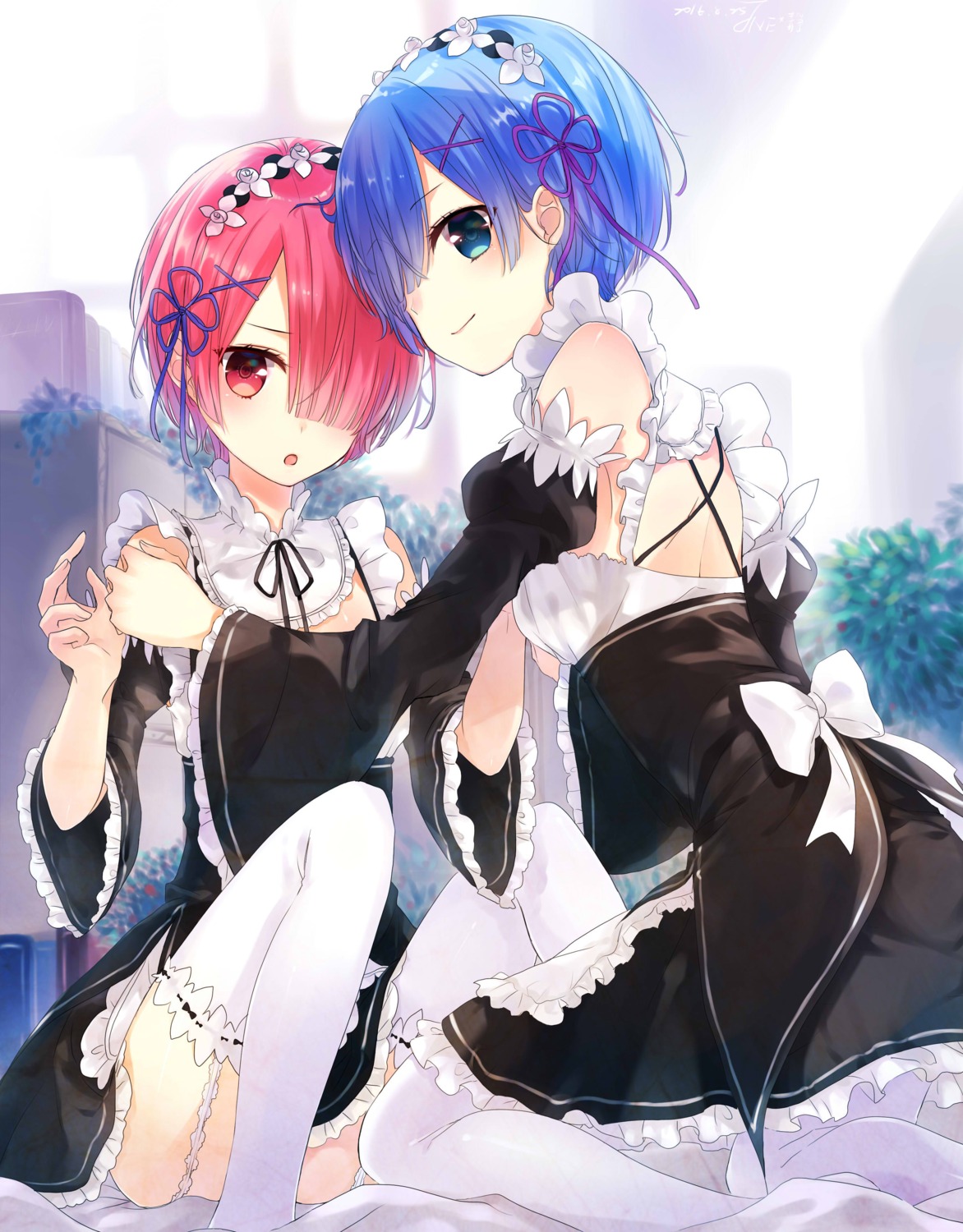 jne, maid, ram_(re_zero), re:zero_kara_hajimeru_isekai_seikatsu, rem_(re_zero), stockings, thighhighs