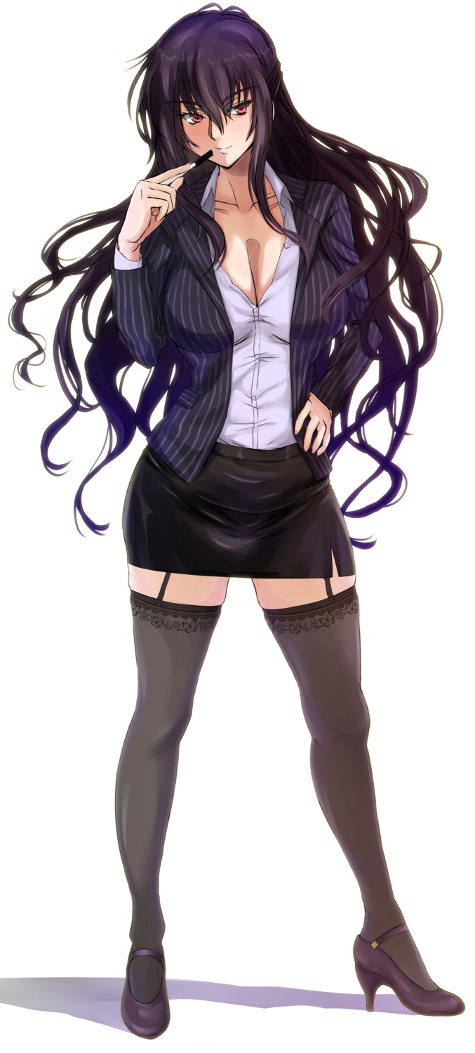 beatrix_brehme, business_suit, cleavage, green_kaminari, heels, muv-luv, open_shirt, schwarzesmarken, stockings, thighhighs