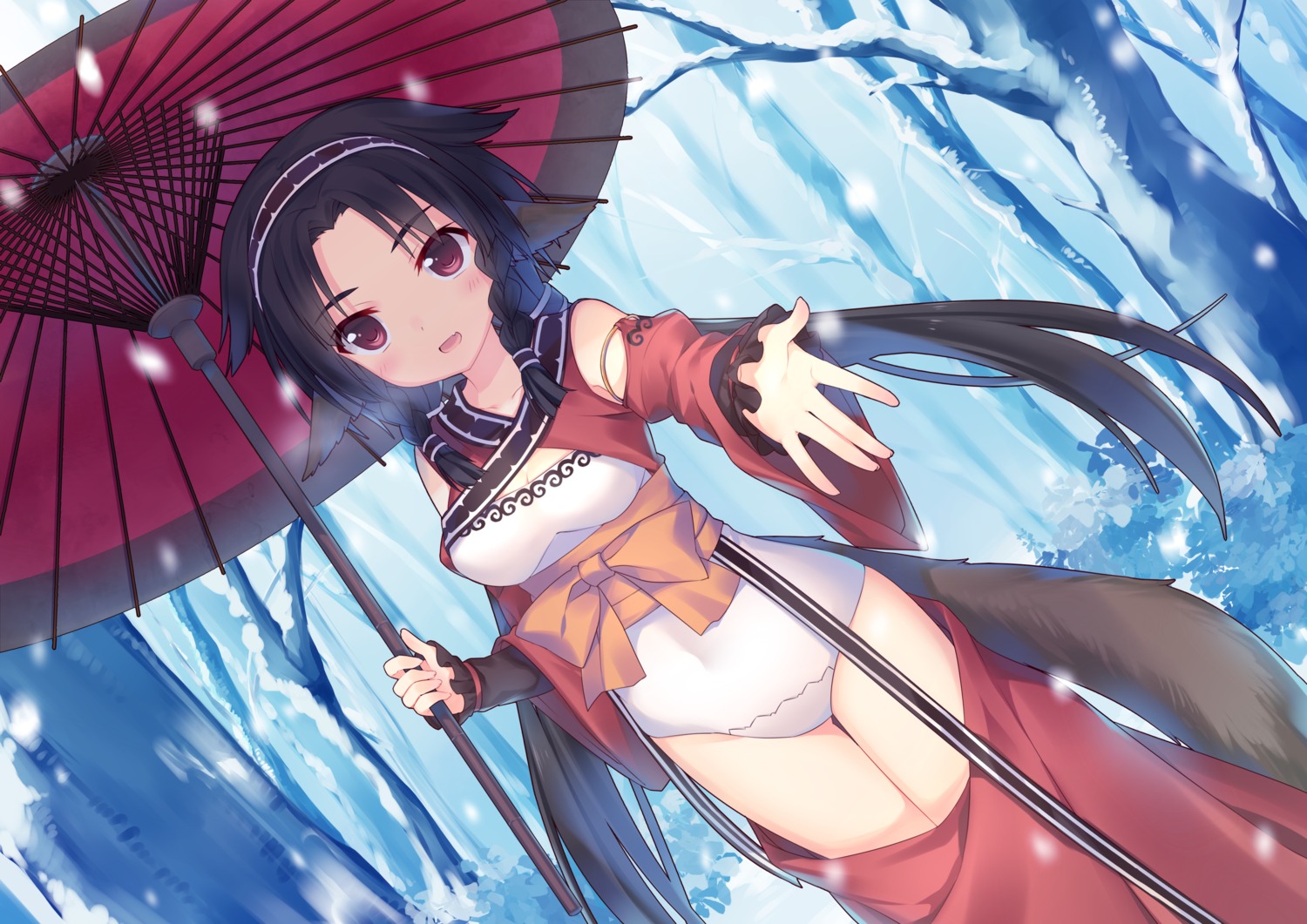 animal_ears, cleavage, japanese_clothes, jiang-ge, leotard, shisu_(utawarerumono), tail, umbrella