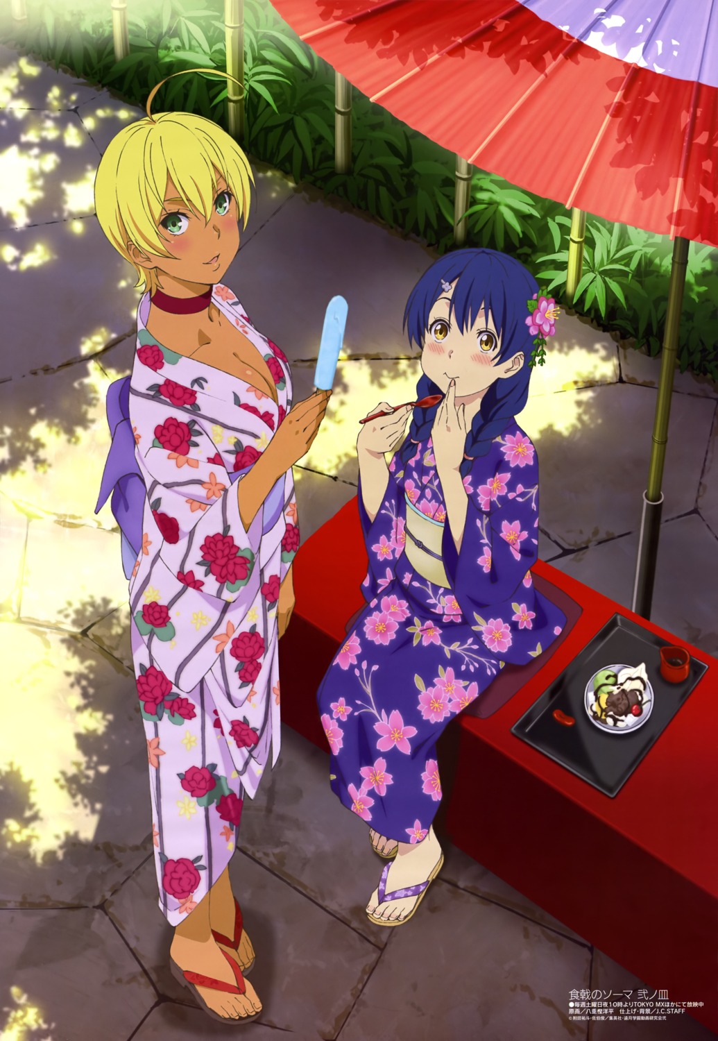 cleavage, mito_ikumi, open_shirt, shokugeki_no_soma, tadokoro_megumi, tan_lines, yaegashi_youhei, yukata