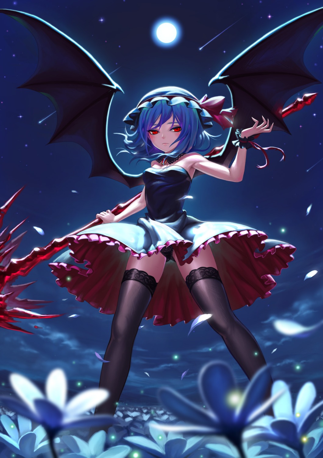 dress, pantsu, remilia_scarlet, skirt_lift, thighhighs, touhou, weapon, wings