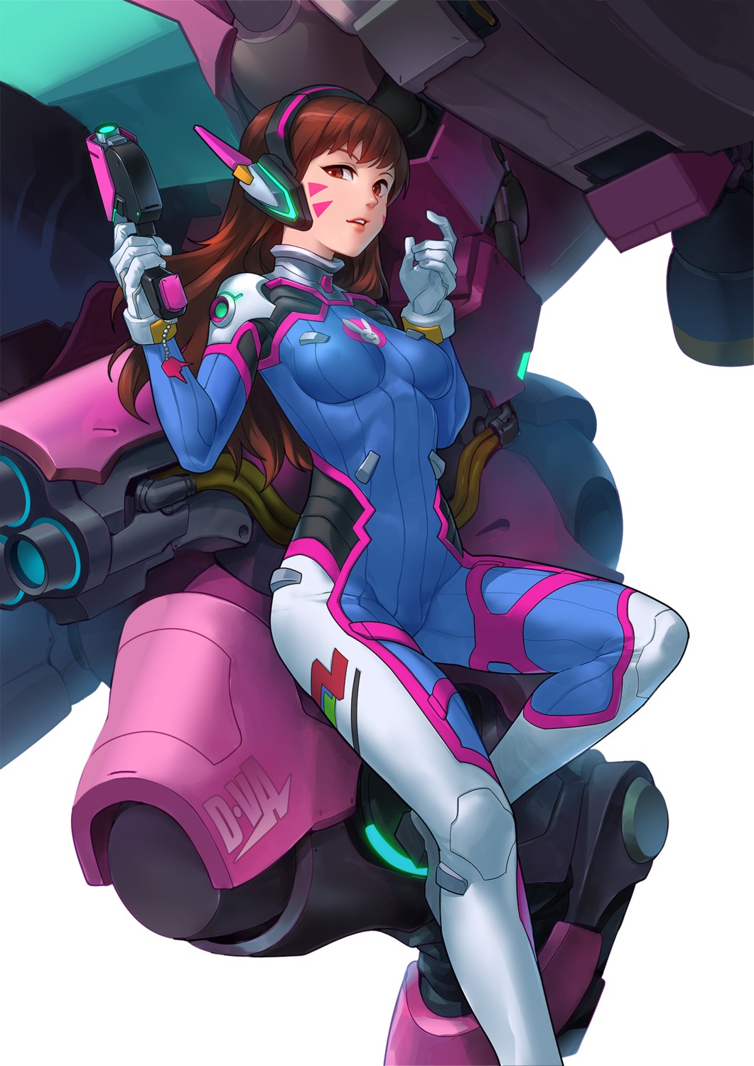 bodysuit, d.va, gun, headphones, heels, mecha, overwatch, patipat_asavasena
