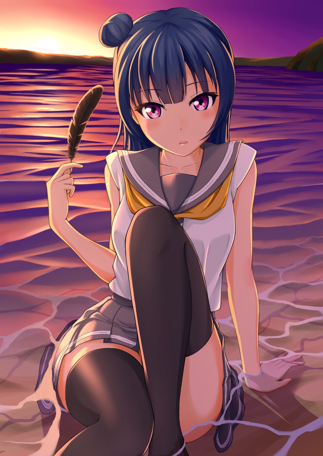 love_live!_(series), love_live!_sunshine!!, seifuku, thighhighs, tsushima_yoshiko, wet, wet_clothes, yuuren