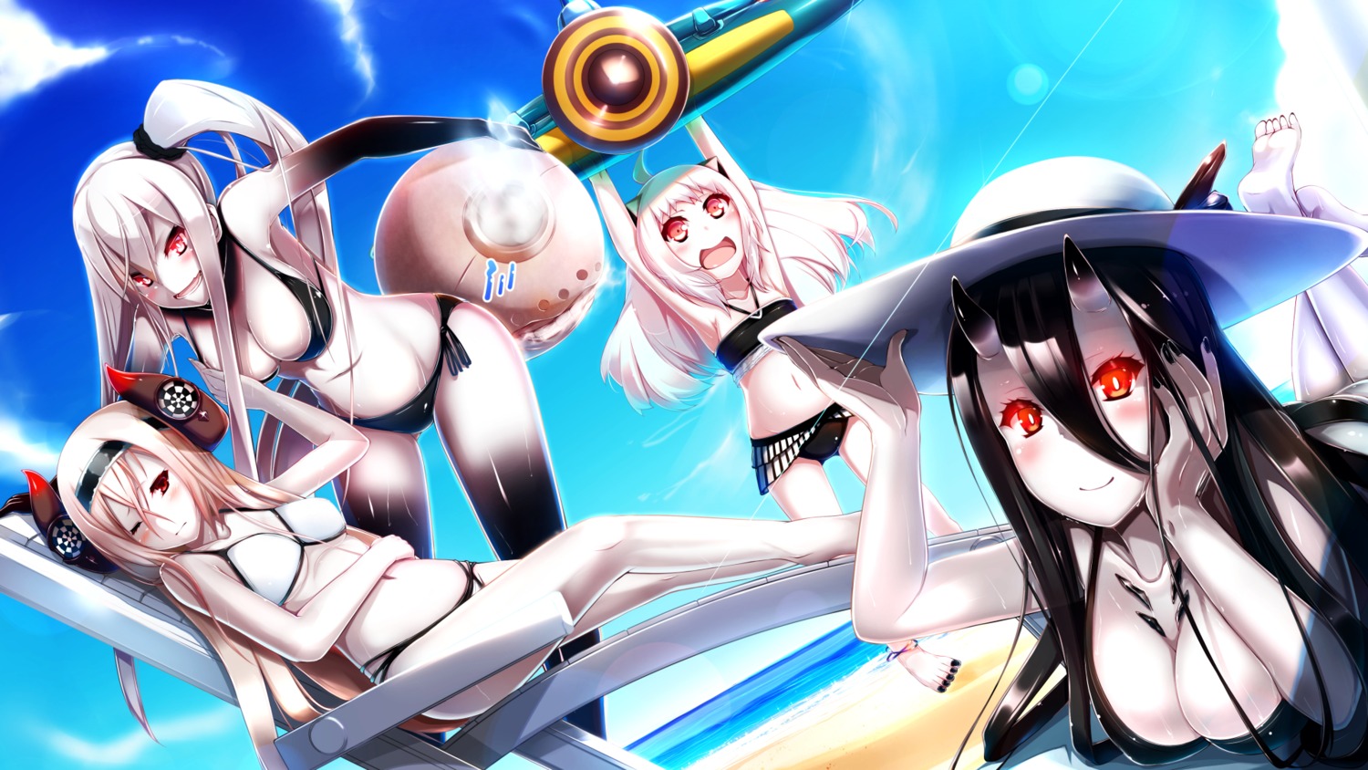 air_defense_hime_(kancolle), aircraft_carrier_oni, battleship_summer_hime, bikini, cleavage, fuuki_(nicoseiga), horns, kantai_collection, northern_ocean_hime, swimsuits, wallpaper