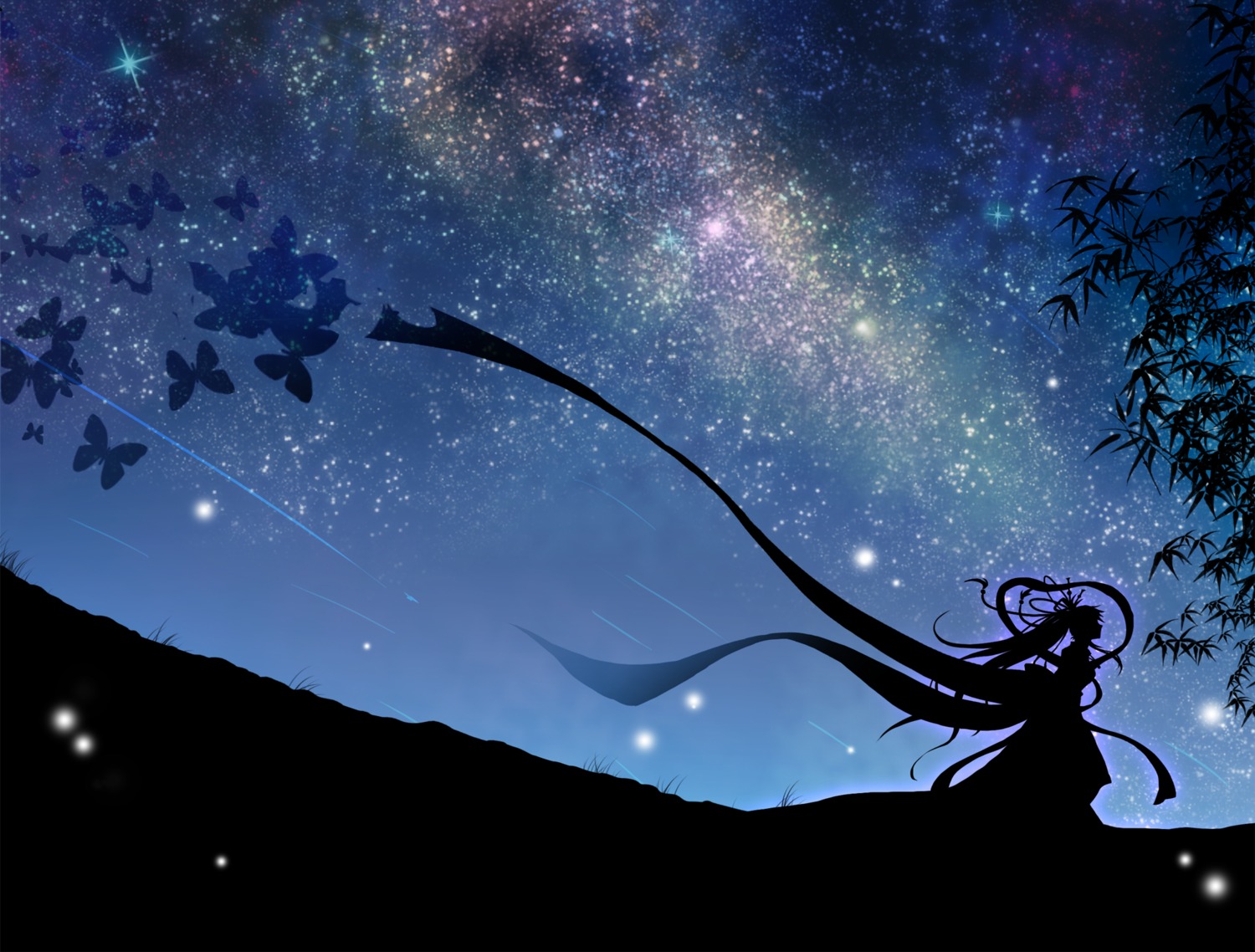 asian_clothes, hatsune_miku, landscape, mokoppe, silhouette, vocaloid