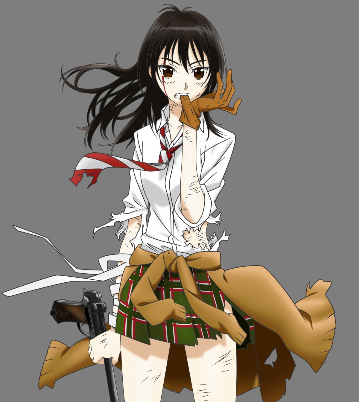 bandages, blood, coppelion, gun, naruse_ibara, seifuku, torn_clothes, transparent_png