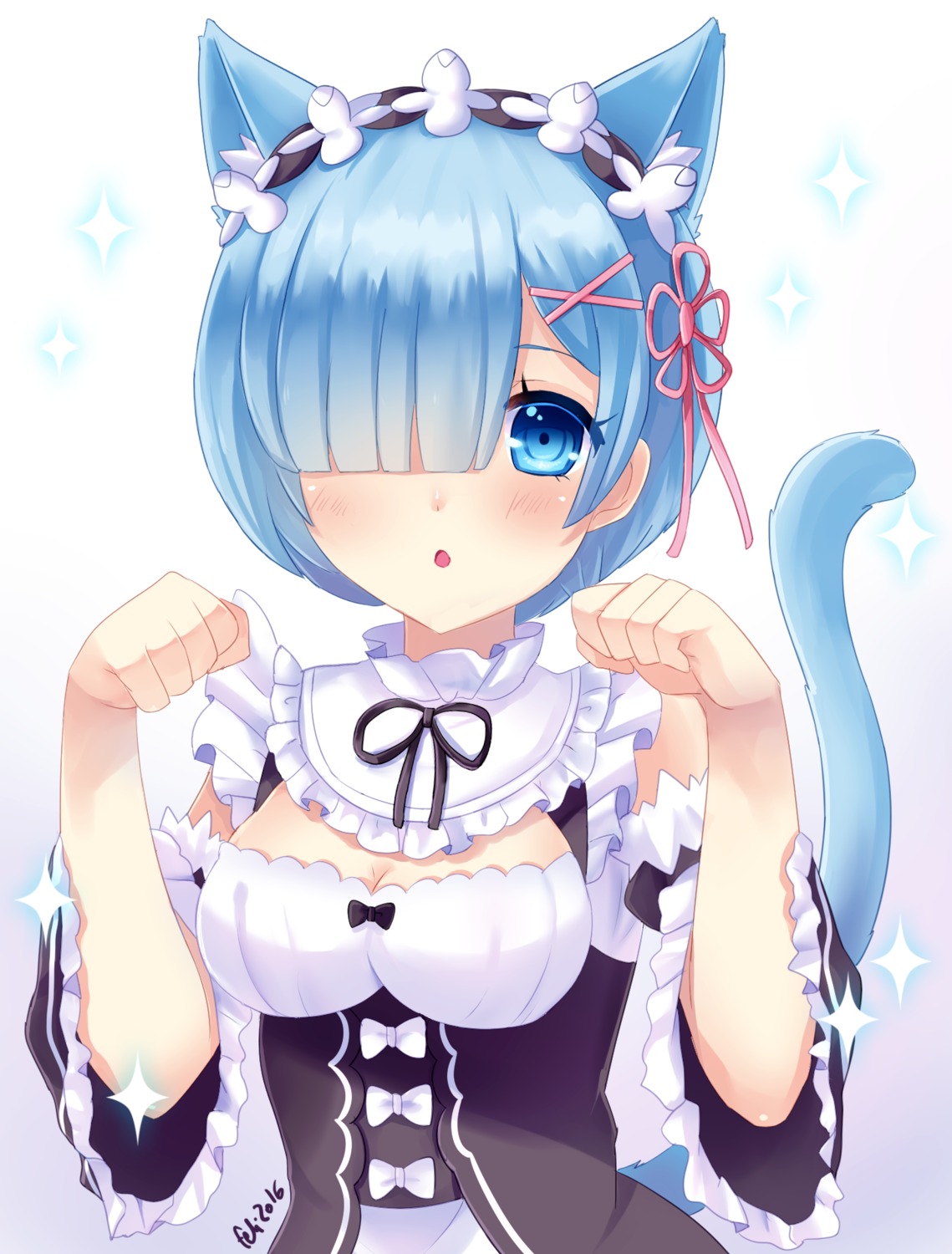 animal_ears, cleavage, felicia-val, maid, nekomimi, re:zero_kara_hajimeru_isekai_seikatsu, rem_(re_zero), tail
